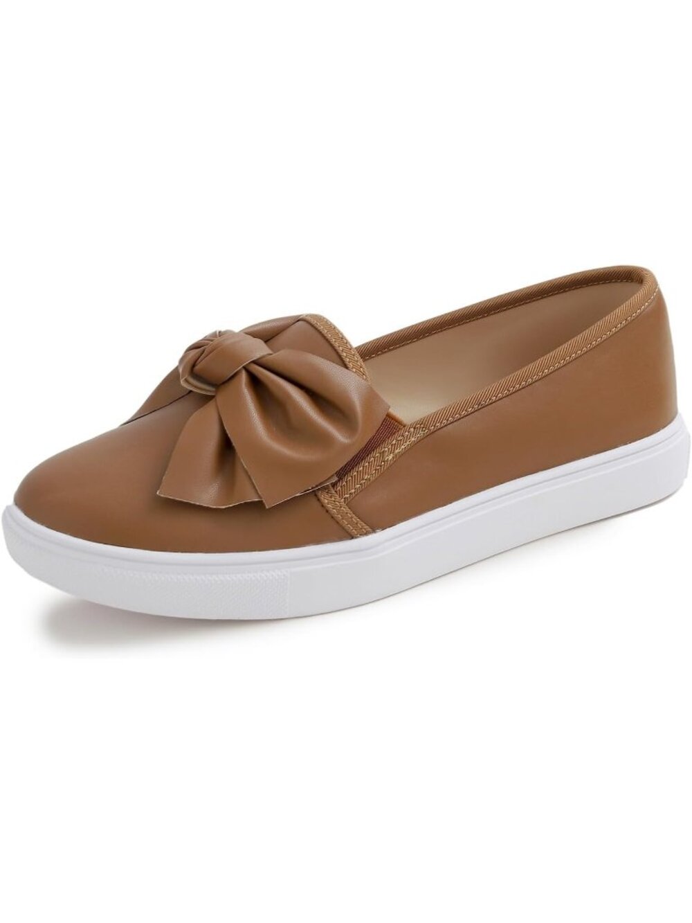 Women's Camel Vegan Leather Casual Slip On Fashion Bow Tie Stylish Loafer Flats